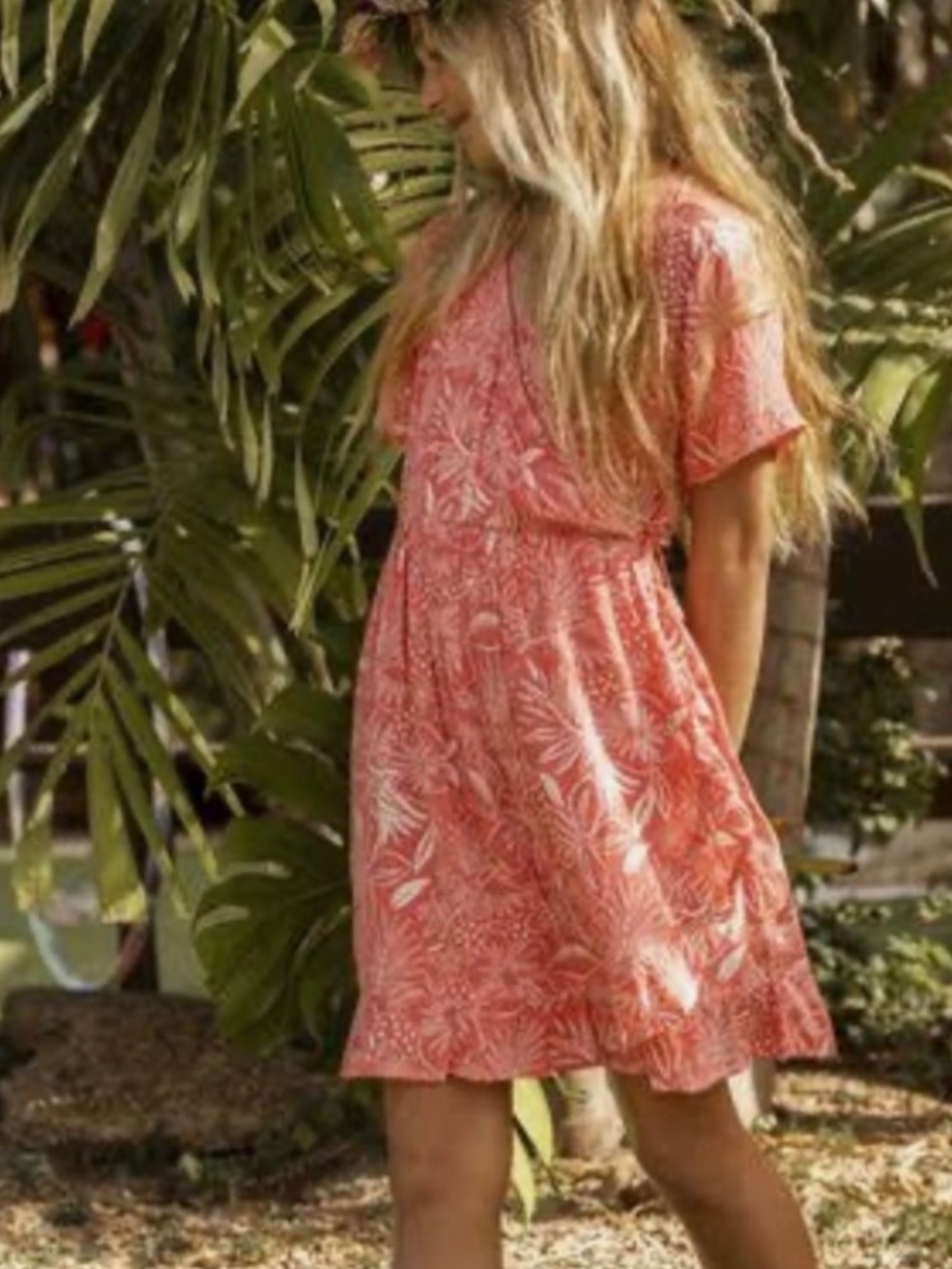 ROXY That Kind of Girl Wrap Skater Dress Coral Tropical Girls Pink Size 12 Large